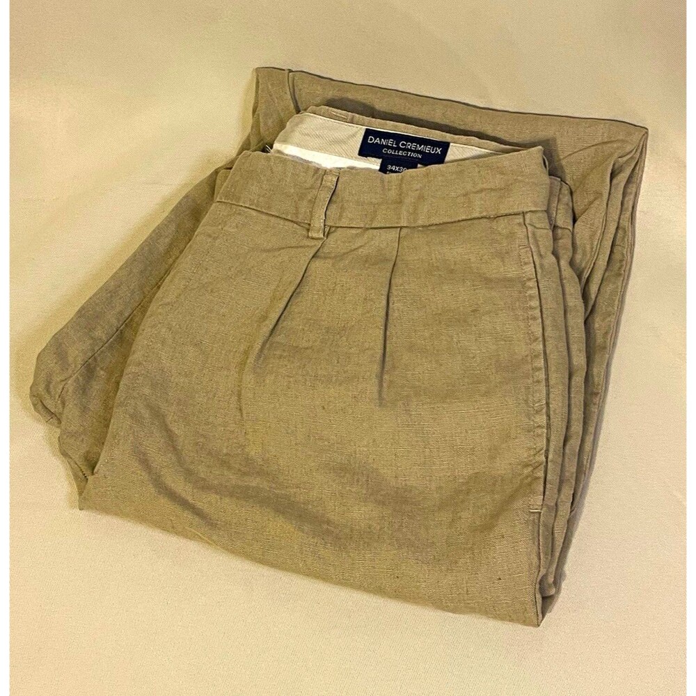 100% Linen Daniel Cremieux Men’s Beige Linen Dress Pants Pleated Straight Leg 34